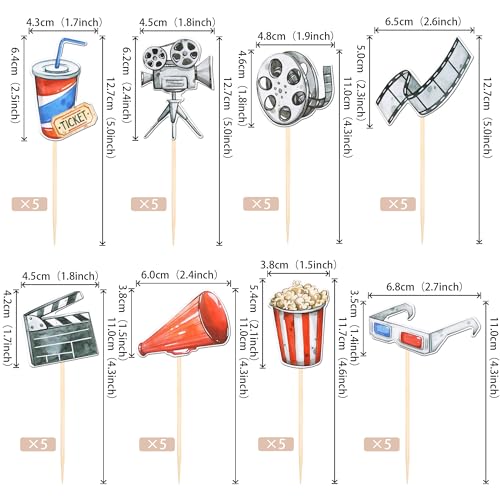 Movie Night Double Sided Cupcake Toppers - Design 5, Hollywood Party Decorations, 40 pcs