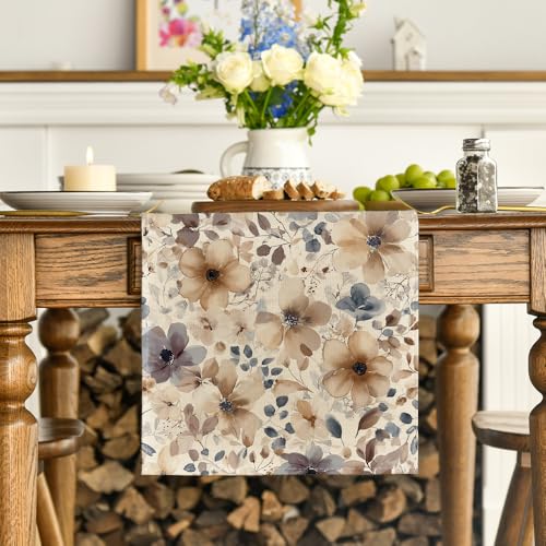 13x120 Inch Spring Poppy Floral Table Runner - Seasonal Kitchen Decor Brown