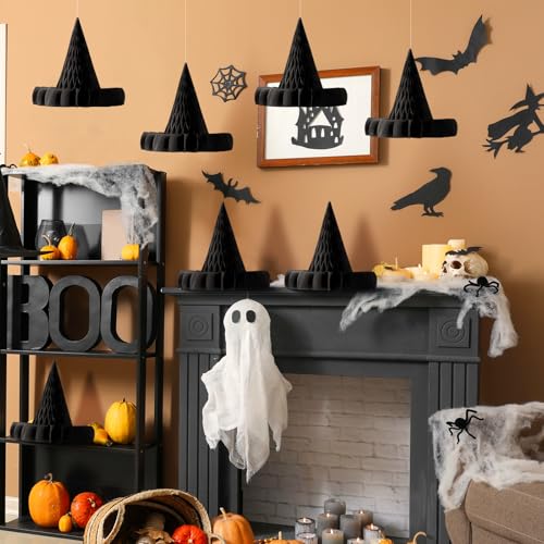 Halloween Honeycomb Decorations Set - 12 Witch Hat Paper Lanterns, Ghosts & Bats