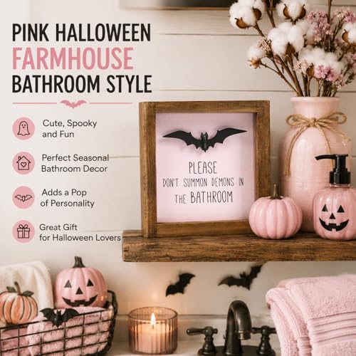 Pink Halloween Bathroom Sign with Bat Wall Decor - Restroom Shelf Sign, Humorous Witty Gothic Decor, Quirky Gift