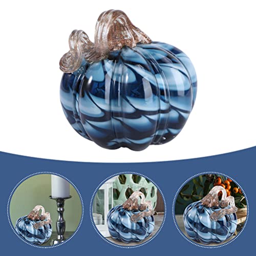 Hand Blown Glass Pumpkin Figurine - Blue Fall Harvest Halloween Decor