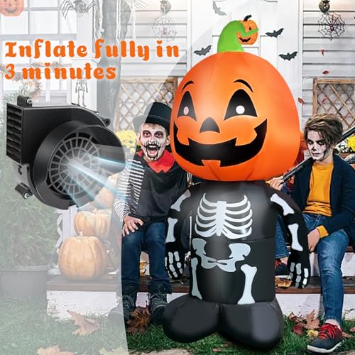 4FT Inflatable Skeleton with Pumpkin Head Lighted Halloween Decoration for Yard Porch Garden