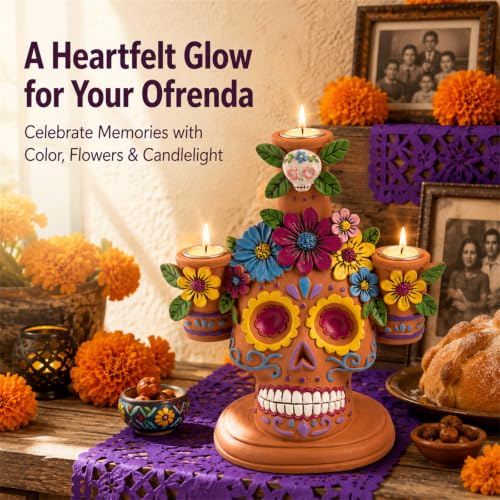 Day of The Dead Taper Candle Holder - Ofrenda Decorations for Altar - Orange