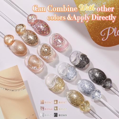 Double Rhythm Glitter Gel Polish Set - 6 Colors, 15ml Full Size Kit with Display - Platinum Glitter Variation