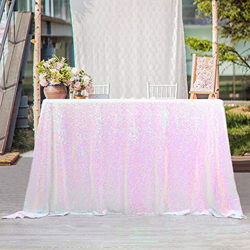 90x156 Inch White Iridescent Sequin Tablecloth - Wedding & Party Decor