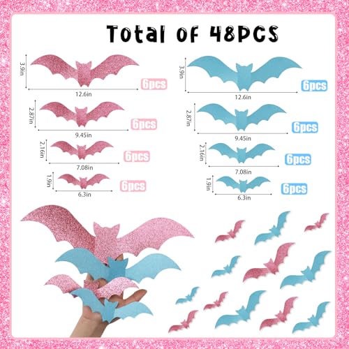 Halloween 3D Glitter Paper Bat Wall Decorations - Pink & Blue, 48 Pcs, 4 Sizes