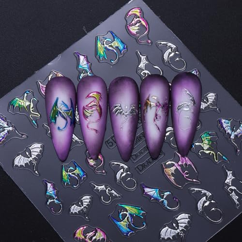 Self-Adhesive Halloween 5D Nail Stickers - Silver Bat Flying Dragon Pattern, 2 Sheets