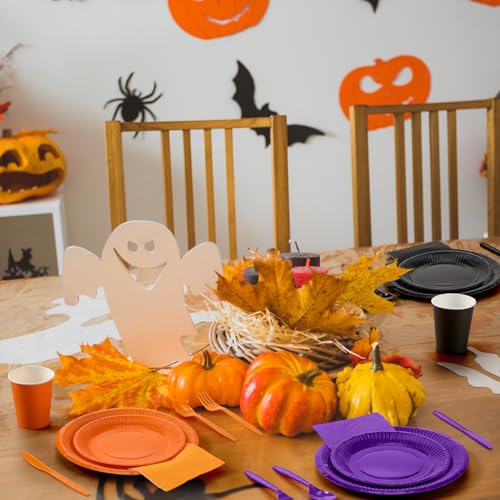 Halloween Paper Plate and Napkin Set for Party, 60 Guests, Black Orange Purple