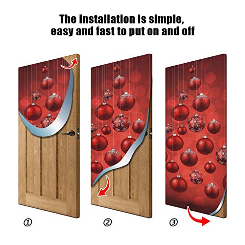 Door Cover Decoration 32 x 79 Inches - Festive Red Christmas Balls, Indoor Outdoor Porch Decor, Easy to Apply