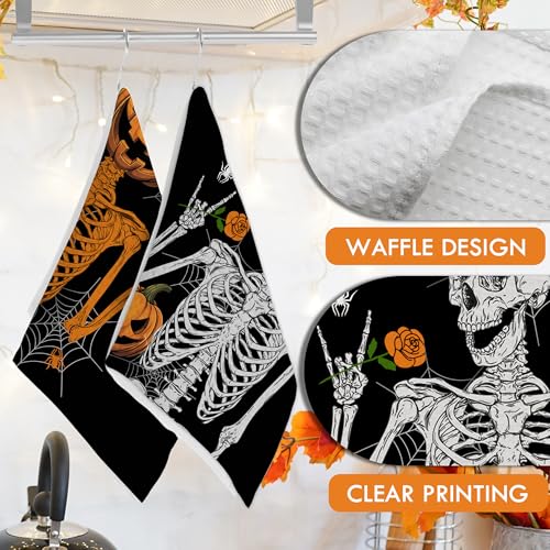 Halloween Kitchen Towel Set - Pumpkin Skeleton Hand Spider Web Black 3