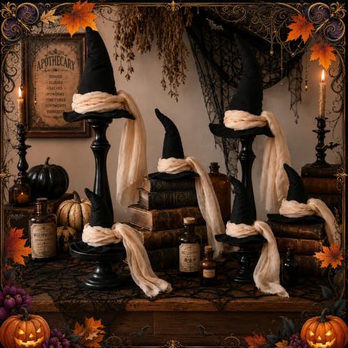 Halloween Witch Hat Centerpieces Set - 6 Pcs, 3 Sizes with Gauze Ribbon - A Style