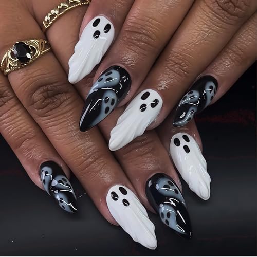 Halloween Ghost Press On Nails - Gothic Fake Nails with Glue - Medium Almond, 30Pcs