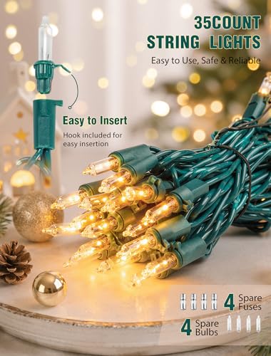 Warm White Christmas String Lights 35 LED Mini Lights with Green Wire, Connectable