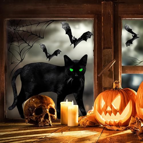 Halloween Window Clings Decor Set - 6 Large Silhouette Bats Cats Spiders
