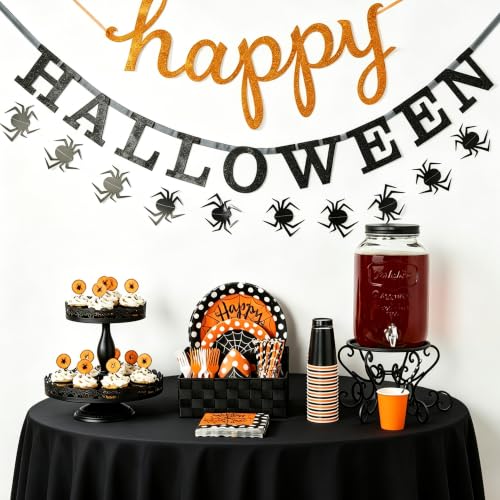 Halloween Round Tablecloths Set - 12 Disposable 84 Inch Plastic Covers - Black, Orange, Purple, Green