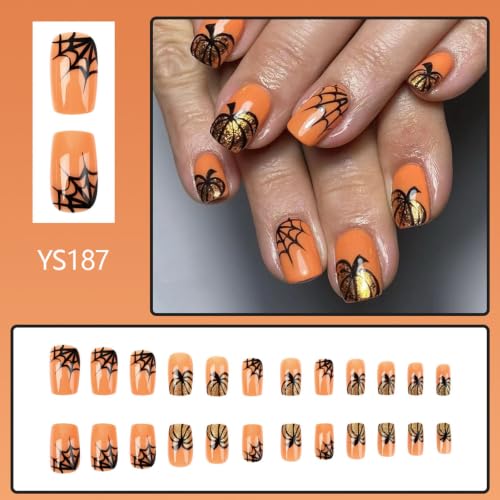 Halloween Press On Nails Glitter Pumpkin Spider Web Short Square Fake Nails - Gold Glitter Design Variation