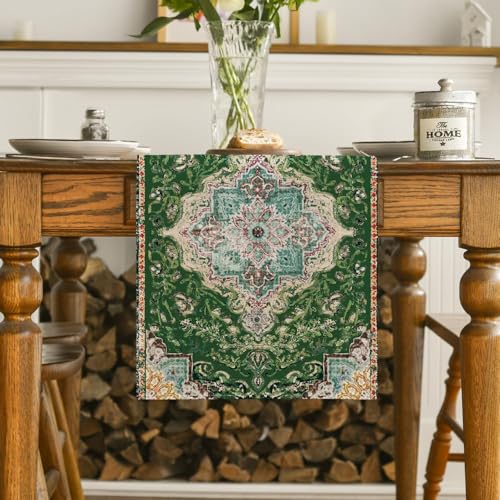 Boho Green Table Runner 13x72 Inch Farmhouse Christmas Kitchen Decor