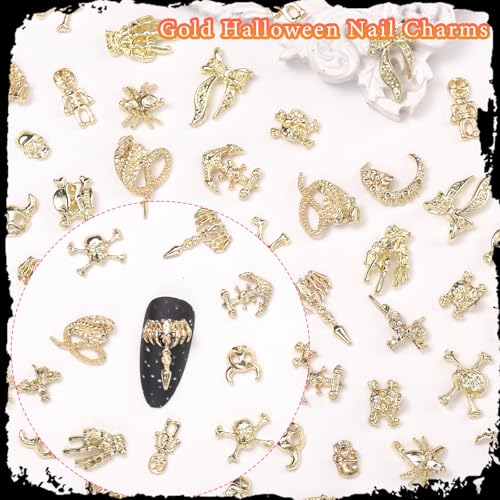 Halloween Nail Charms Set - 70 Gold 3D Skeleton Skull Cross Spiders Spikes