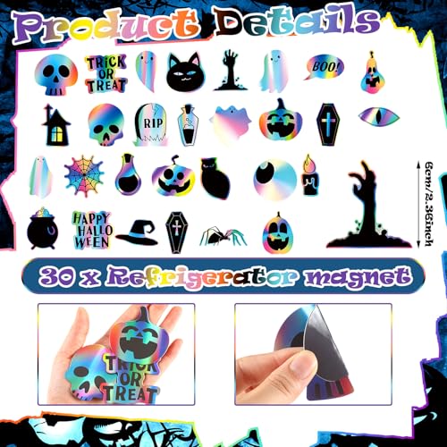Halloween Fridge Magnets Set with Ghost Pumpkin Bat and Holographic Designs - 30 Pieces