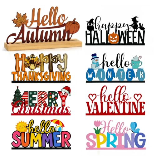 Interchangeable Seasonal Home Decor Metal Table Sign Set with Wooden Base