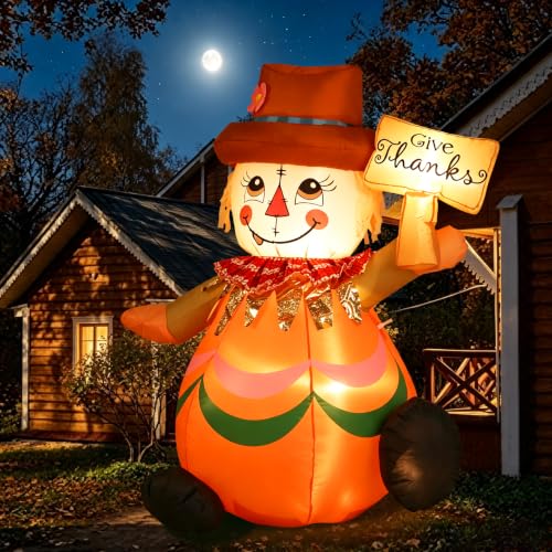 4FT Thanksgiving Inflatable Scarecrow Outdoor Decor with LED Lights