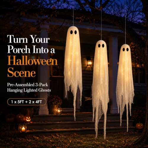 Outdoor Halloween Decorations 3 Pack Large Pre-Assembled Hanging Ghosts with Remote Timer