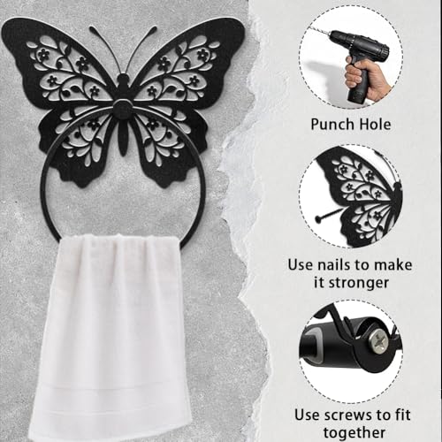 Butterfly Decorative Towel Ring for Bathroom Wall Mount Black Metal Accessory