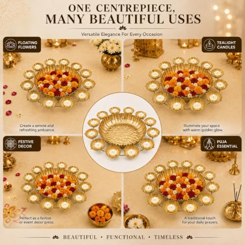 Diwali Lotus Urli Bowl for Home Decor Festival Pooja Gold 14 Inch