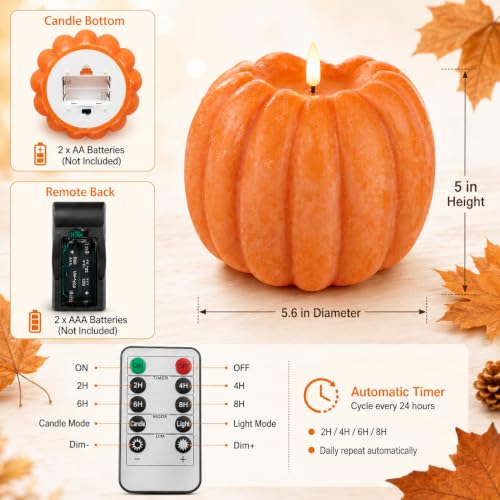 Orange Flameless Pumpkin Candle for Fall Decor - Remote Control, 5.5 Inch