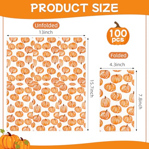 Pumpkin Autumn Fall Disposable Paper Napkins - 100 Pack, 3-Ply, Line-Art Design