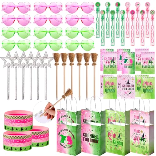 Pink and Green Witch Party Favors Set with Wands, Notepads, Glasses, Bracelets, Gift Bags, and Bubbles - 72 Pieces