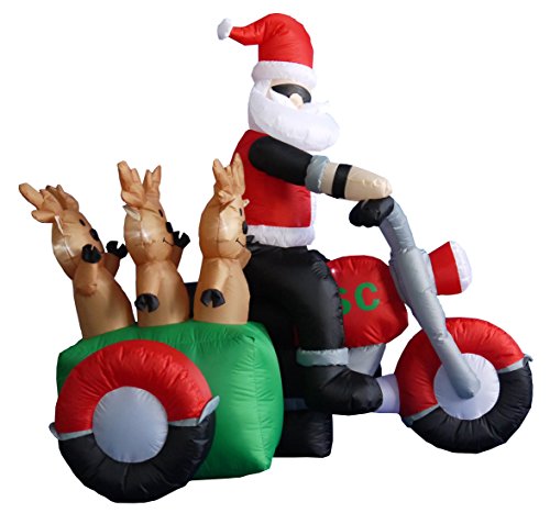 Lighted Christmas Inflatable Santa & Reindeer on Motorcycle - 5 Ft Yard Decor