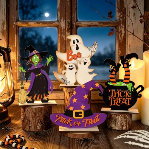 Halloween Wooden Table Centerpiece Signs - 4 Pack Rustic Ghost & Witch Decor with Variation Style 1