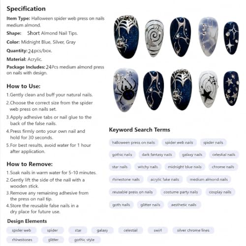Gothic Halloween Press-On Nails - 3D Spider Web Star Almond Set - Variation of Halloween-13