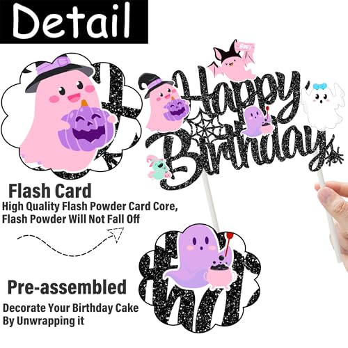 Halloween Ghost Birthday Cake Topper Black Glitter Pastel Ghosts 8 Inch