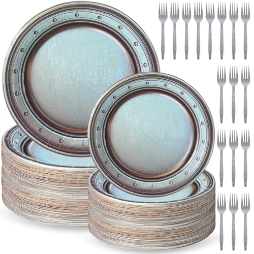 Vintage Style Medieval Party Supplies Set - Silver Pewter Look Dinnerware and Forks for 60 Guests