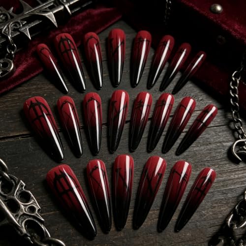 BABALAL Extra Long Stiletto Fake Nails - Vampire Blood Red & Black Gradient Gothic Halloween 30Pcs - Variation BNDa01-06