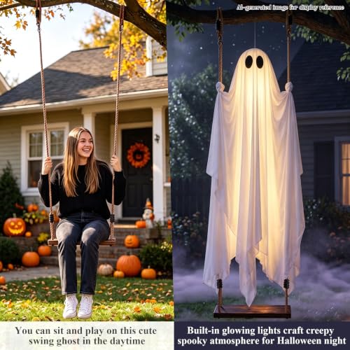 Outdoor Halloween Ghost Swing with String Lights - 5 FT Spooky Decor Kit