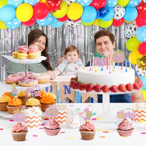 Pink Glitter Pumpkin Cupcake Toppers - 48Pcs Fall & Halloween Party Decorations, First Birthday
