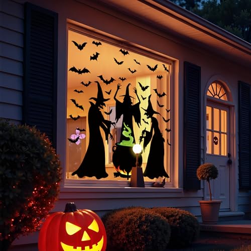 Halloween Witches Window Clings Set - Extra Large 3 Sheets, Reusable PVC Decor for Glass & Windows