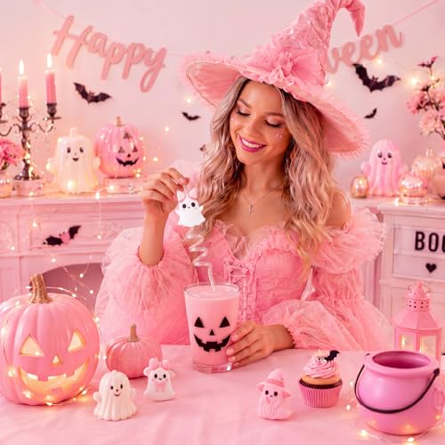 24 Pcs Pastel Ghost Halloween Reusable Glitter Drinking Straws - Cute Party Supplies