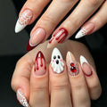 Halloween Press On Nails Almond Medium Set with 3D Ghost Spider Web Rhinestones - Variation 22
