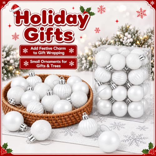 Mini White Christmas Ornaments Set - 24 Small 1.6 Inch Shatterproof Holiday Balls