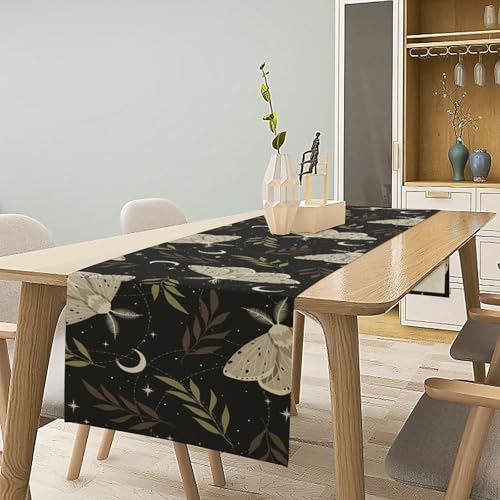 Celestial Moth Table Runner - Boho Space Black White Butterfly Moon 13x60in Variation of W13"xL60"