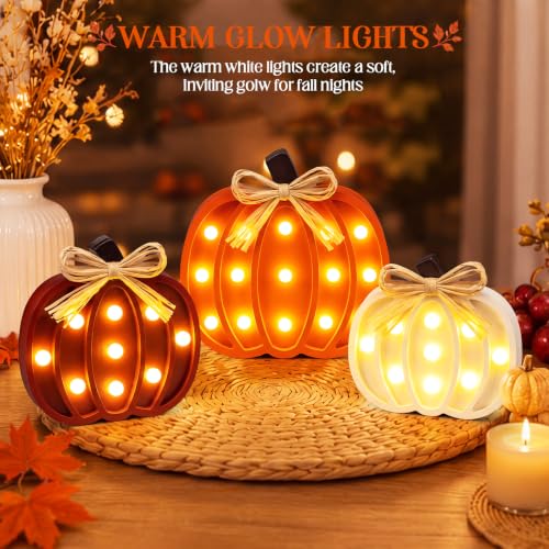 Novabright 3-Piece Fall Wooden Pumpkin Decor Set - White, Orange, Brown, 4in+6in+8in with LED Lights