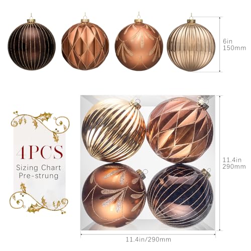 Large Christmas Ornaments Set - 6 Inch Shatterproof Plastic Holiday Bulbs - Brown - 4 Pack