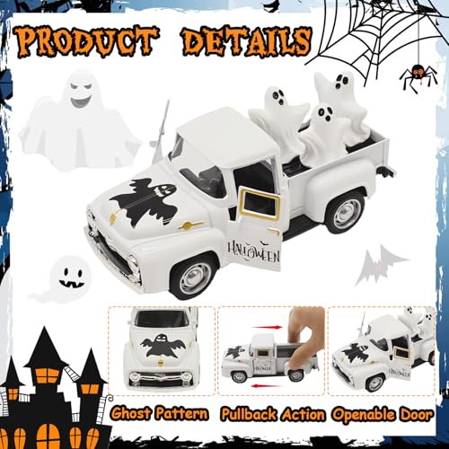 Farmhouse Halloween Truck Decor with Ghost Figurines - White, Indoor Use