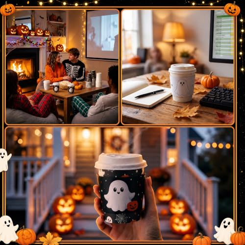 Halloween Ghost Coffee Cups Set - 48 Disposable 8 oz Cups with Lids & Sleeves - Black & White Variation