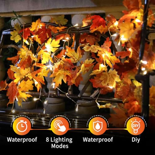 Fall Maple Garland with 80 LED String Lights - 23.2ft 4 Pack Autumn Decor