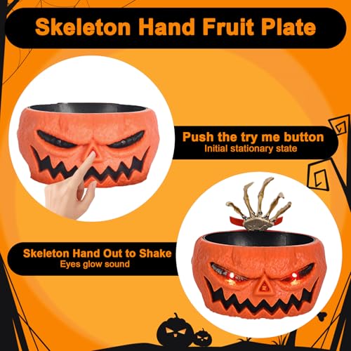 Halloween Pumpkin Candy Bowl with Skeleton Hand Motion-Activated Jump Scare